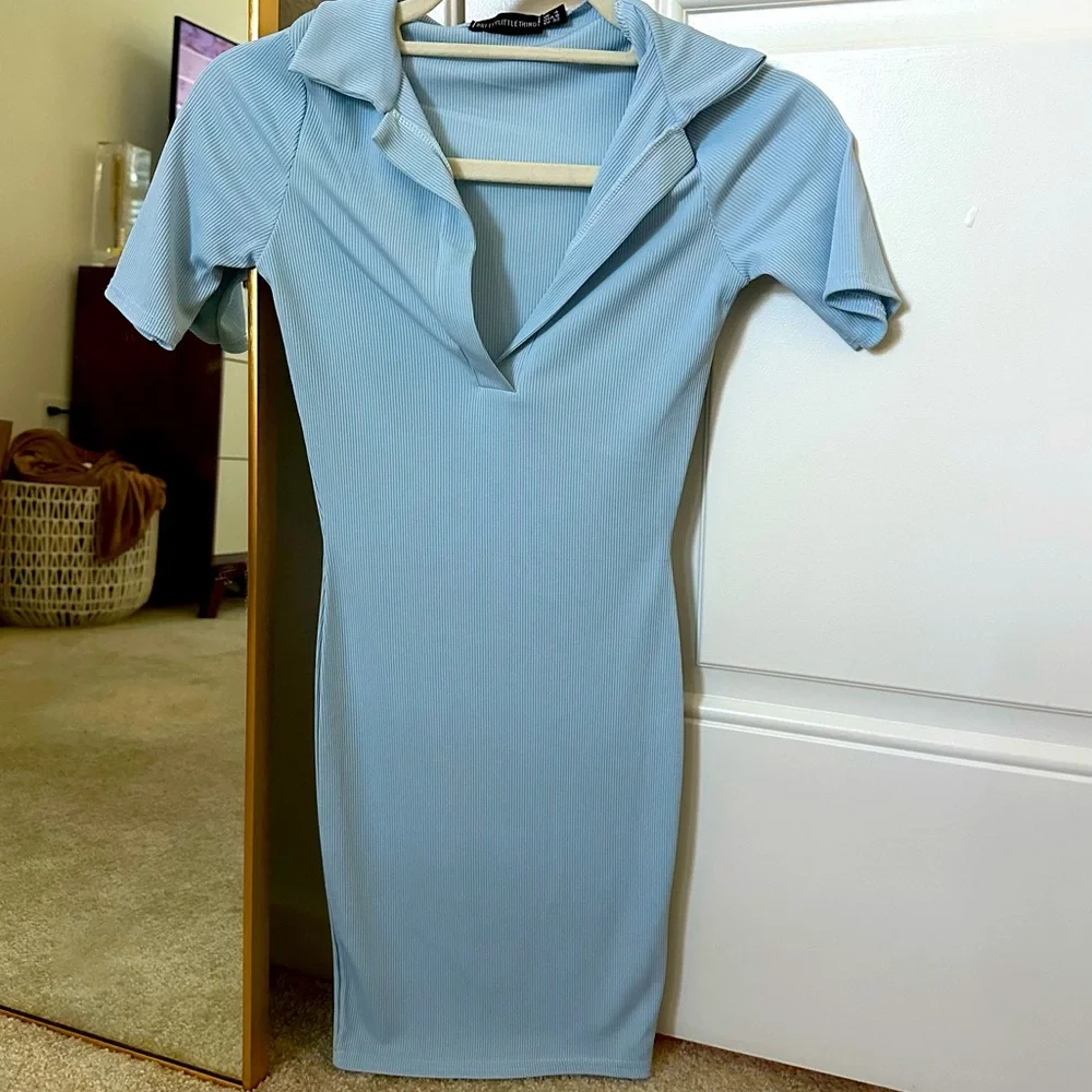 Pretty little thing ribbed collared mini dress in light blue - Picture 1 of 1